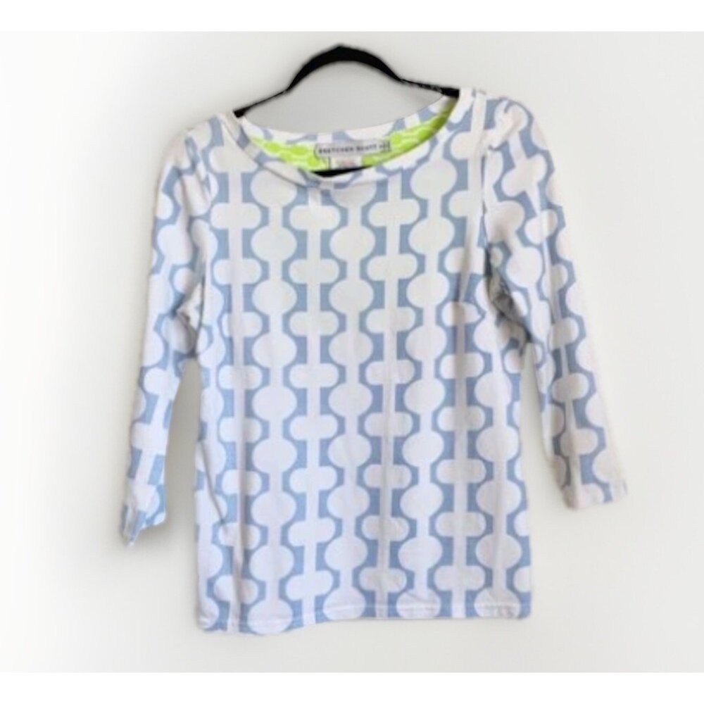 Gretchen Scott Blue White Geometric Top Womens Small 3/4 Sleeves Nautical Preppy